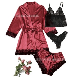 Nouvel ensemble de pyjama 4 pièces pour femmes de style européen et américain, ensemble de pyjama en satin avec dentelle, comprenant une robe, une lingerie et - Product Image 5