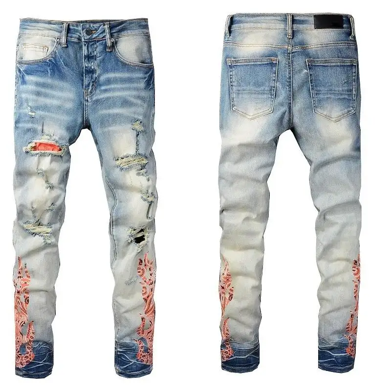 Men Boy New design print patch denim jeans ripped pants high street hip pop men jeans