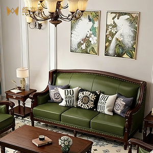 Divano Combinato in Stile Retrò Americano con Legno Massello e Vera Pelle, per Soggiorno, Villa e Arredamento Domestico - Product Image 3