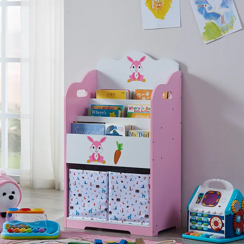 Muebles de estilo moderno de los niños de madera de almacenamiento libro con 2 cajones Rosa estante