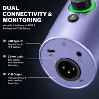 Microphone dynamique USB/XLR DM65 pour PC gaming avec éclairage RGB et contrôle du volume, idéal pour la maison, le bureau et l'usage en studio