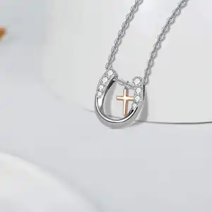 Lucky Horse Cubic Zirconia Jewelry 925 Sterling Silver Cross Horseshoe Pendant Necklace