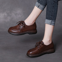 Chaussures décontractées rétro pour femme à bout rond et lacets, en cuir pleine fleur fait main, à semelle épaisse et souple, confortables