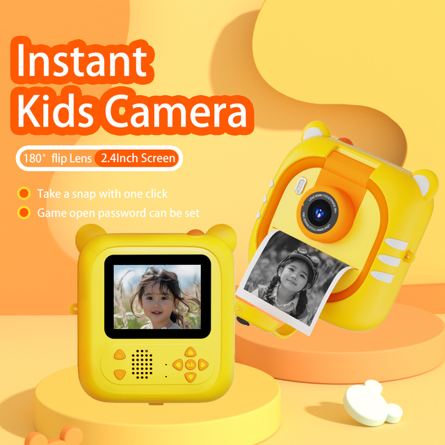 Kids Instant Print Camera 1080P HD 180 Rotating Lens 2.4" Screen 1500mAh CMOS MicroSD MP3 Games Yellow Purple Bear Print 3H