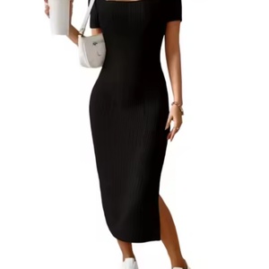 Robe d'été en gros pour femmes, de haute qualité, décontractée, col carré, en coton tricoté, fendue, moulante - Product Image 6