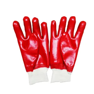 Sunnyhope red PVC smooth coated rough finished jersey liner knit wrist, PVC Oil Dipped Glove Knit Waterproof Thermal Gloves