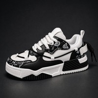 Baskets Chunky Imprimées Noir et Blanc, Style Décontracté Streetwear, à Lacets, Semelle Épaisse, Chaussures de Sport Tendance pour Hommes et Femmes, Fournisseur en Gros