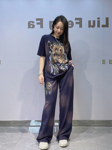 Completo Estivo da Donna <span class=keywords><strong>Taglie</strong></span> <span class=keywords><strong>Forti</strong></span> con Pantaloni Dritti e Top a Maniche Corte Tie-Dye con Strass, in Cotone Spandex, Stile Casual Europeo Americano - Product Image 5