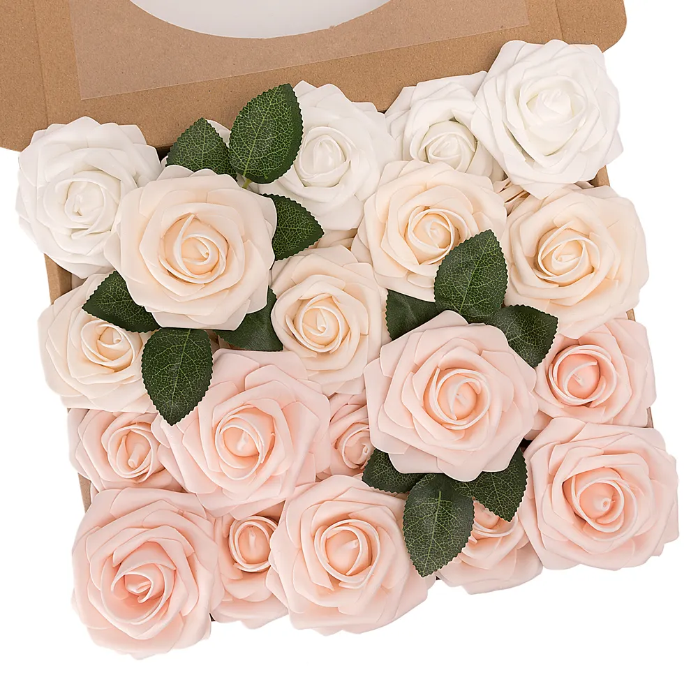 Rosas artificiais rosa rosa de blush, rosas rosa com toque real em massa com haste para buquetes de casamento