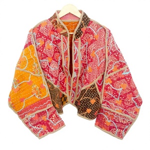Chaqueta Acolchada Kantha Vintage, 100% Algodón, Cuello Mandarín, Estampado Batik, Manga Larga, Abrigo de Otoño para Mujer - Product Image 1