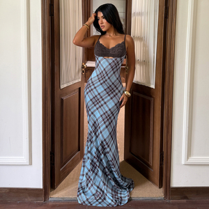 Vestido de Fiesta Maxi Elegante con Tirantes Finos, Escote Corazón y Diseño a Cuadros para Mujer - Product Image 5