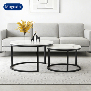 Ensemble de tables basses rondes modernes en métal avec plateau en pierre, design minimaliste pour salon, appartement, hôtel, bureau - Product Image 2