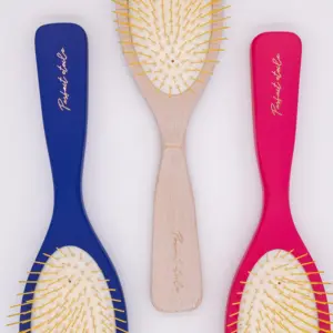 New Custom logo hairbrush metal pins bristle wig brush round paddle detangling wooden hair brush