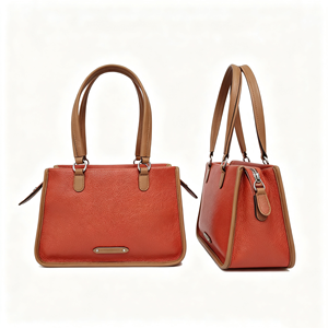 Women Terracotta Pebbled <b>Leather</b> Satchel Top Handle Tote Bag <b>Tan</b> Trim Silver Hardware Shoulder <b>Handbag</b> - Product Image 4