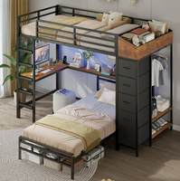 Lit superposé double en bois industriel SereneLounge avec armoire de rangement en forme de L, bureau de jeu réglable pour petit espace d'appartement