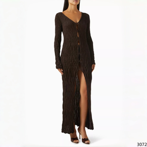 Dark Brown Crinkle Knit Maxi Dress Long Sleeve Deep V-Neck Double Front Slits Textured Bodycon Dress for <strong>Women</strong> - Product Image 5