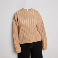 Damen V-Ausschnitt Gerippter Strickpullover mit Überschnittener Schulter, Lockerer Passform, Vertikaler Rippstruktur, Kurzer Pullover, Maßgefertigter Großhandels-Jumper