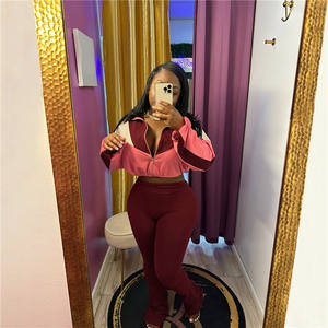 Tuta da donna in peluche Patchwork alla moda Set tuta autunnale due 2 pezzi con cerniera Top corto e pantaloni Skinny svasati per il Fitness outfit - Product Image 4