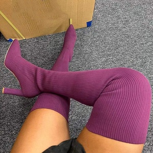 Stretch Knitting Shaft Skintight Women Over Knee High Boots Block Heels Thigh High Long Booties Sexy Pointy Toe <b>Shoes</b> - Product Image 5
