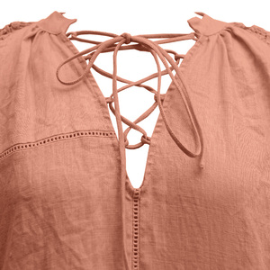 Olaesa moda de alta calidad 100% camisa de lino puro manga larga bordado ganchillo recorte diseño blusa mujeres Tops blusa de lino - Product Image 3
