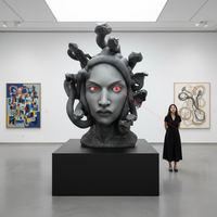 Sculpture cinétique géante en fibre de verre pour extérieur, personnalisée, avec yeux laser, décoration de statue énorme, installation de buste de Méduse