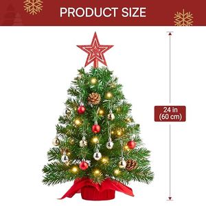 Petit sapin de Noël de table avec 30 lumières, boules étoiles, baies rouges, cônes de pin, mini sapin artificiel décoré pour Noël - Product Image 2