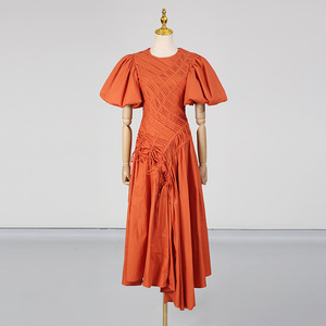 Vestido Largo Asimétrico para Mujer, Nuevo Estilo, Cuello Redondo, Manga Abullonada, Cintura Ajustada, Vestidos Plisados de Moda - Product Image 4