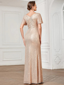 Vestido de noche largo con lentejuelas y cuello en V, estilo europeo y americano, con elegante abertura para fiestas y reuniones. - Product Image 4
