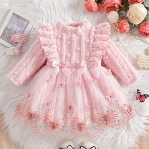 Abito Midi a Linea A Rosa Delicato e Traspirante per Bambine <span class=keywords><strong>con</strong></span> Maniche a Sbuffo Tridimensionali e Design <span class=keywords><strong>con</strong></span> Fiocco a Farfalla - Product Image 1