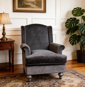 <span class=keywords><strong>Fauteuil</strong></span> d'appoint de luxe gris foncé en velours, dossier haut, accoudoirs, rembourrage moelleux, pieds en bois tourné, assise élégante - Product Image 1