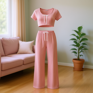 Ensemble de survêtement rayé pour femme Tc361, haut court à manches courtes et pantalon long, respirant, décontracté, coupe ample, printemps, modal, élasthanne - Product Image 2