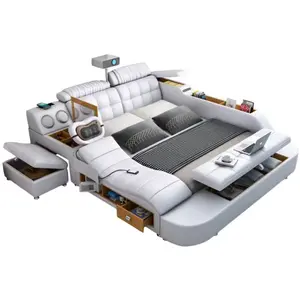 Conjunto de cama de massagem em couro macio Queen-size moderno com armazenamento e mobília doméstica com estrutura de metal