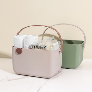 Storage Basket Rectangle With Handles Color Blocking Green And Beige PP Material For Bathroom Storage - Product Image 1