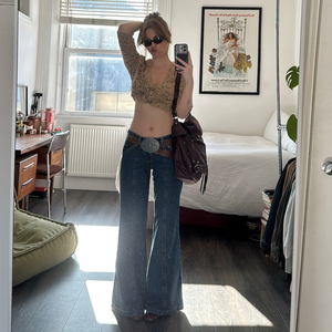 Jeans Retro de Parches para Mujer - Corte de Pierna Ancha, Cintura Alta, Estilo Bootcut, Holgados, Elásticos, Largos hasta el Suelo para Otoño e Invierno - Product Image 5