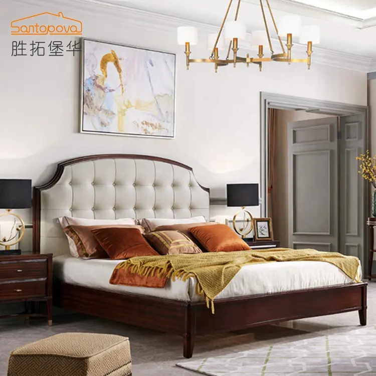 Cama tamaño <span class=keywords><strong>Queen</strong></span> de estilo moderno, mueble de dormitorio de cerezo importado de América del Sur, juego de cama de 1,5 m de cuero