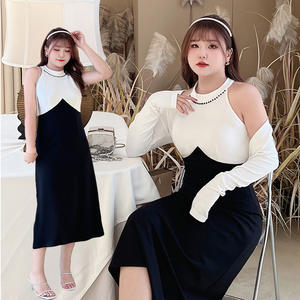 Vestido midi Runqi N8696 con cuello halter, bloques de color, cintura imperio, línea A, contraste blanco y negro, vestido de noche para mujer - Product Image 2