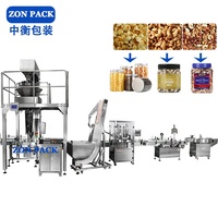 Automatische weeg- en verpakkingslijn voor kleine biscuits, glazen, metalen en plastic potten, inclusief vul- en afsluitmachine voor flessen en etiketteermachine.