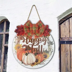 Autumn Thanksgiving Welcome Wooden Tagging Hello Pumpkin Wood Logo Leaf Berry Pumpkin Country Wall Decoration Stain Glass Window