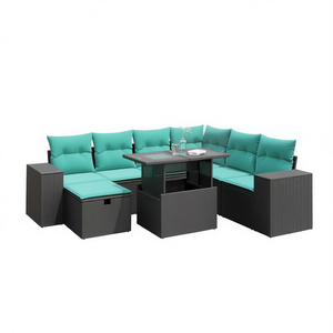 8 Piece Black Poly <b>Rattan</b> Garden <b>Sofa</b> Set With Cushions Outdoor Furniture Contemporary Style - Product Image 1