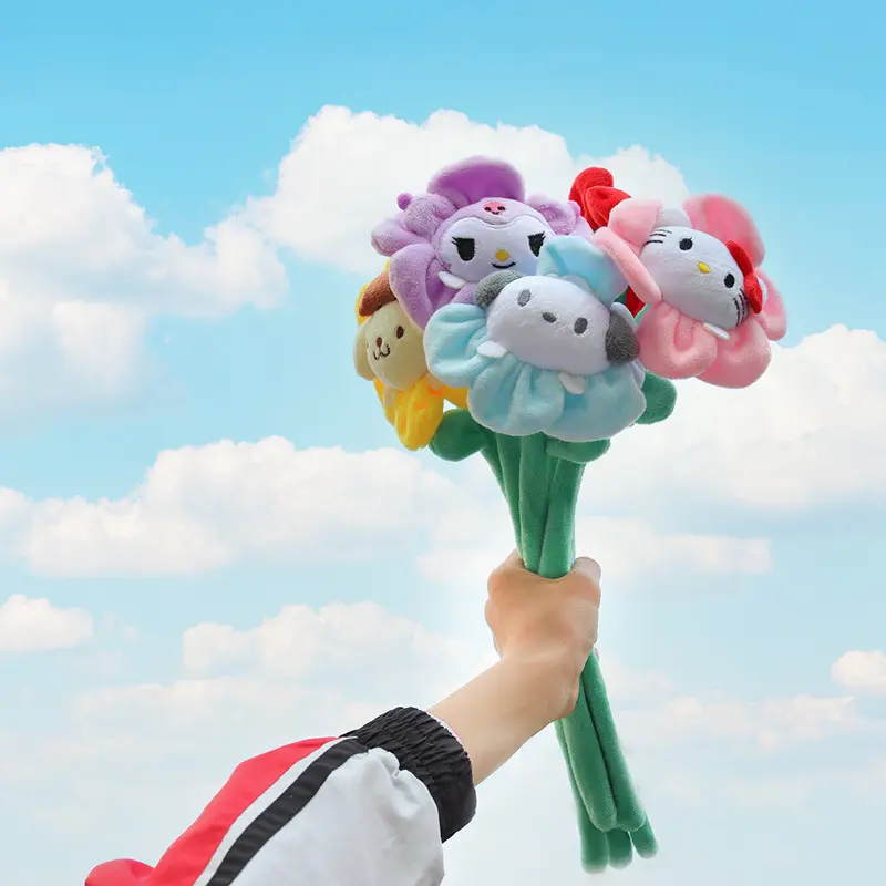 Kawai Anime Sanrios Melody Cinnamoroll Kuromi Sun Flower Plush Toy Pendant Bendable Flower Doll Toy Girls bouquet Gift