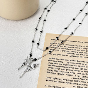 Collana moda a doppia catena in ottone rodio oro bianco K ciondolo a farfalla bianco zirconio diamante nero collana di pietra - Product Image 5