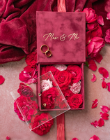 Boîte à alliances de luxe en velours bordeaux Glamour Gold, logo personnalisé en feuille d'or, boîtes d'invitation de mariage élégantes faites à la main