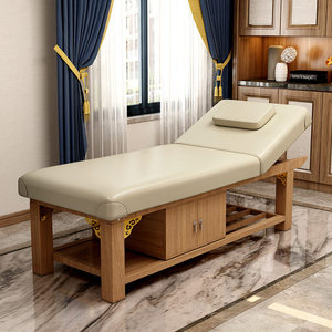 Table de massage en bois massif, lit de thérapie rembourré beige, banc de traitement rembourré pour salon de beauté, spa, clinique - Product Image 5