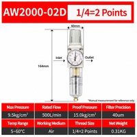 Régulateur de filtre à air avec purge automatique, manomètre 1/4'', 5m, AW2000-02D, en alliage d'aluminium, vanne de réduction de pression pneumatique 500L/min