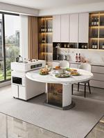 Table à manger ronde extensible avec armoire latérale, plateau en pierre frittée, chauffe-plat intégré, panneau de densité blanche
