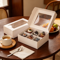 Boîte de boulangerie en gros à fenêtre longue, robuste, blanche, avec insert à 6 compartiments, pliable, imprimée sur mesure pour mini-gâteaux, mousses et pâtisseries