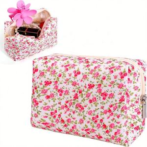 Customized Logo Red Floral Zipper Quilted Cotton Women's Cosmetic Makeup <b>Toiletry</b> <b>Bag</b> - Product Image 1