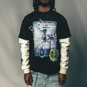 カスタムDTGグラフィック レトロ ダブルレイヤーTシャツ オーバーサイズ ラウンドネック コットン 長袖トップス Y2K ダブルレイヤー長袖Tシャツ - Product Image 1