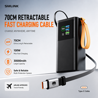 Batterie externe 30000mAh 100W, chargeur portable rapide avec câble rétractable intégré pour ordinateur portable, smartphone, montre connectée, OEM ODM