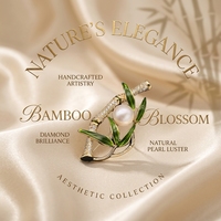Broche en laiton plaqué or 18 carats style bambou avec perle, surface polie brillante, pour tenue de bureau quotidienne, col de costume, ornement assorti